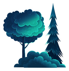 Deciduous and coniferous tall trees, navy blue crown, flat cartoon style isolated on white. Forest trees, lush foliage. Oak, spruce, hornbeam, diverse vegetation. Botanical illustration for sites