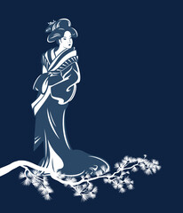 vector outline of beautiful geisha woman wearing traditional japanese kimono dress and winter season pine tree branch
