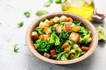 Homemade Salad Served in Edible Plant Based Plate or Bowl. Eco Cooking