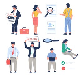 Job search male and female cartoon character set, vector isolated illustration. Job candidates with newspaper, cv, laptop, mobile phone looking for work. Employment, recruitment, career.