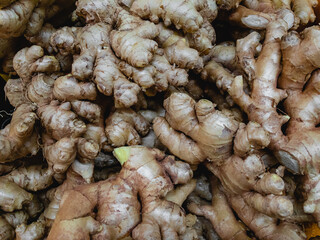Raw ginger root is sold at the supermarket. Close-up.