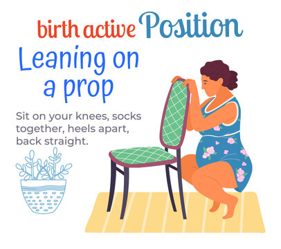 Birth position for pregnant woman, comfortable posture for birthing, leaning on prop, sit on knees, socks together, heels apart, back straight, squatted female lean at chair, technique for childbirth