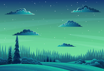 Night mixed forest. Dark blue green background. Lawn, meadow, conifers. Deep forest, bright moon in the sky, stars. Cartoon design for banners, games, sites. Night nature landscape, flat image
