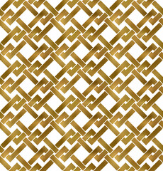 Abstract repeatable pattern background of golden twisted strips. Swatch of gold intertwined zigzag bands. Seamless pattern in modern style.