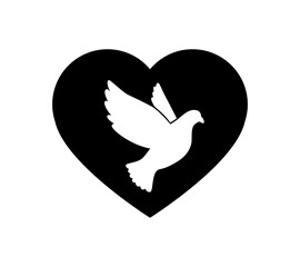 Black Silhouette of Flying Dove with Heart Vector Icon Template