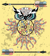 Dreamcatcher owl boho style cartoon character abstract bohemian object feathers