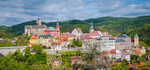 Aerial panoramic view of medieval Loket town with Loket Castle Hrad Loket gothic style on massive...