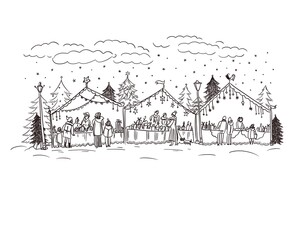 Fantasy scene of Christmas market, rural winter  fair - black and white  sketch, on white background