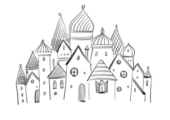 Fantasy fairytale castle - black and white sketch on  white background