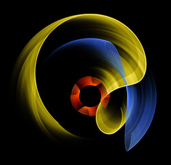 The yellow, blue and orange planes are curved with arches, curls, waves and revolve against a black background. 3d rendering. 3d illustration. Graphic design element. Sign, symbol, logo.