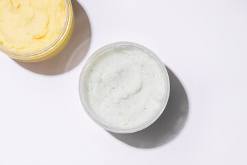 Body scrub on a white background. View from above. Close-up