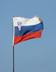 Slovenian flag flying on flagpole