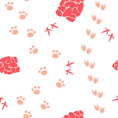seamless pattern with beige animal stepps and red cones