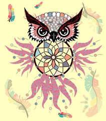 Hand drawn ornate spiritual symbols, totemic and mascot Owl with the dream catcher and mandala. Boho style