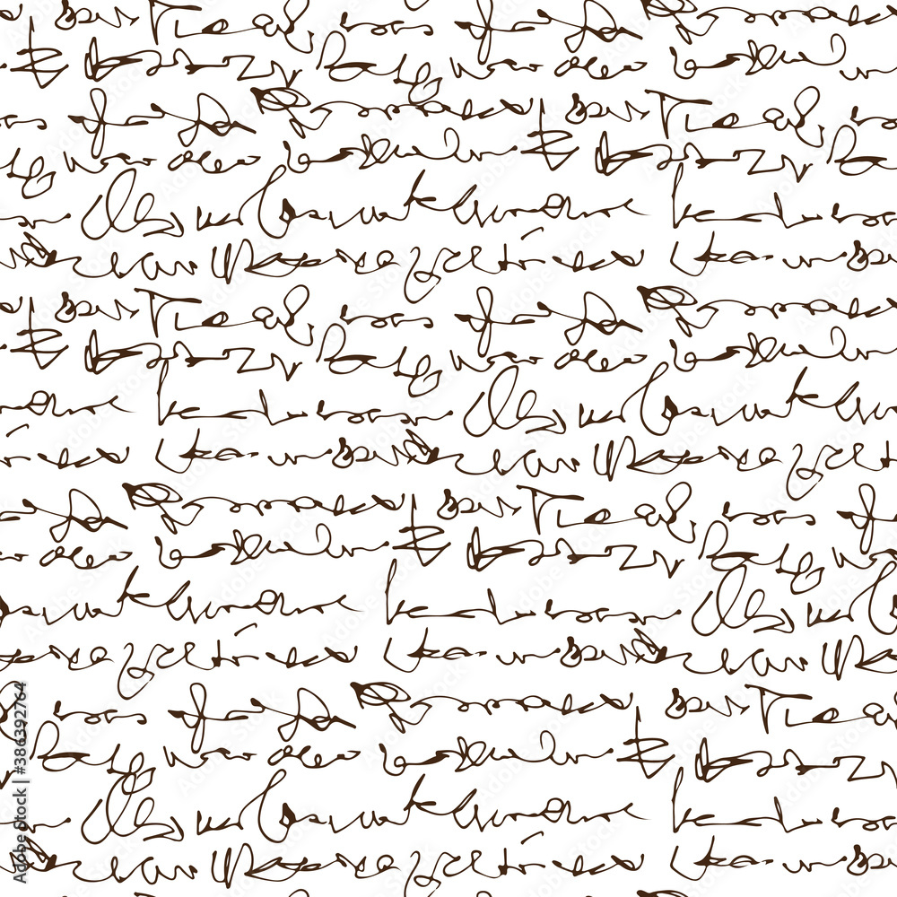 Poster Handwritten abstract text, scribbles vector seamless pattern, vector monochrome script isolated on white background