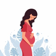 Pregnant woman icon.He touch her belly with flower.Icon,logo.Flat Vector