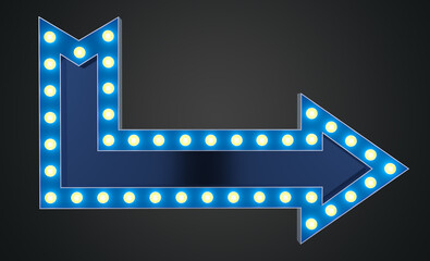 Blue arrow sign with electrical bulbs on dark background