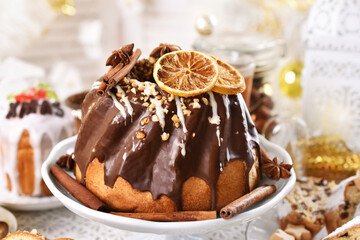 ring cake with chocolate glaze for Christmas