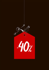 Obraz na płótnie Canvas Sale tag -40% with a happy stick figure on a black background