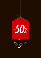 Obraz na płótnie Canvas Sale tag -50% with a happy stick figure on a black background
