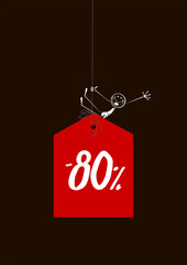 Obraz na płótnie Canvas Sale tag -80% with a happy stick figure on a black background
