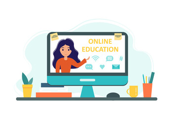 Online education concept with computer, books and cup. Screen with teacher. Vector illustration in flat style. Stay at home. Self-isolation.