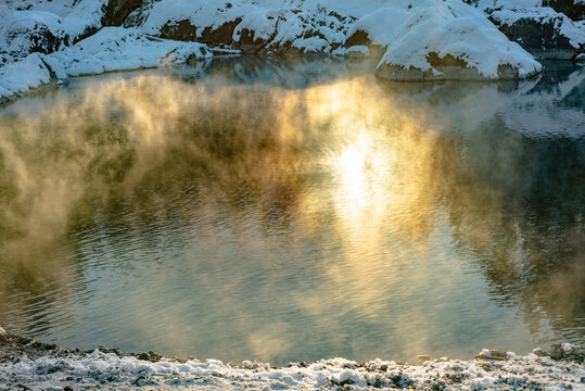 The blue lakes of the Katun river in winter