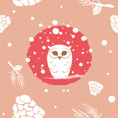 seamless pattern with polar owl sitting on the branch under the snow