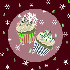 Red Christmas pattern card with muffins and inscription