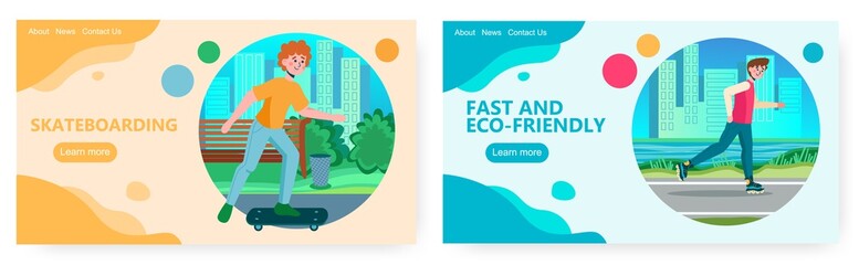 Skater boy in a park on skateboard and rollers. Skate sport and urban lifestyle vector concept illustration. Man on a skate. Web site design template