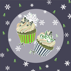 Purple Christmas pattern card with muffins and inscription