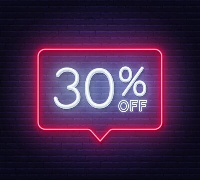 30 percent off neon sign on brick wall background. Vector illustration.