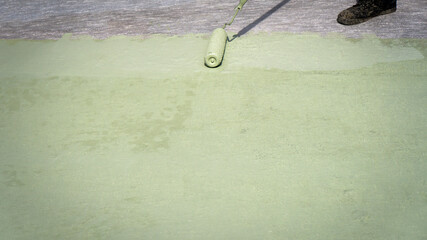 Paint the green floor with a paint roller for waterproof, reinforcing mesh, repairing the deck,...