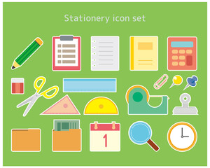 Stationery vector illustration set. Pencil. clock. Note