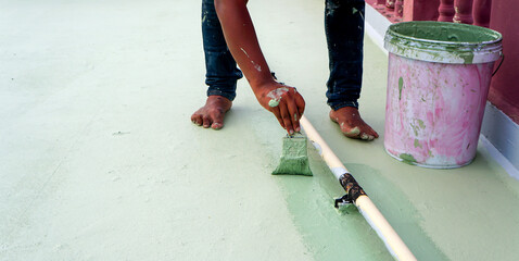 Paint the green  floor with a paint plot for waterproofing, reinforcing mesh, repairing the deck,...