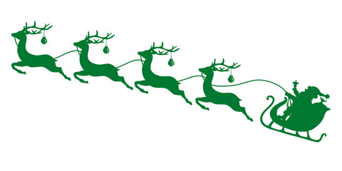 Silhouette Fliegender Schlitten Weihnachtsmann Vier Rentiere Mit Kugeln Dunkelgrün