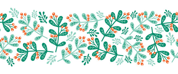 Christmas mistletoes seamless vector border. Scandinavian style green and red Christmas holiday repeating pattern. Use for ribbons, fabric trim, cards
