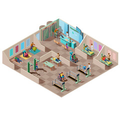Isometric rehabilitation center for patients with disabilities. Physical therapists help handicapped do exercise for the treatment of injury, fitness therapy and massage. Medical hospital interior.