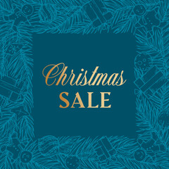 Christmas Sale Discount Hand Drawn Square Sketch Pine or Spruce Wreath, Banner or Card Template. Abstract Holiday Promo Vector Illustration with Golden Glitter Gradient Typography. Blue Background