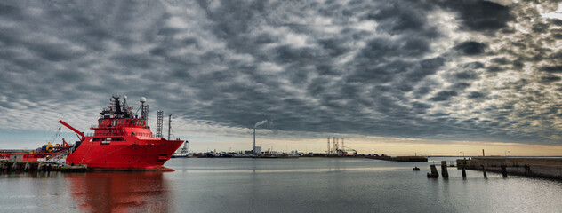 Rescue oil service ship in Esbjerg harbor, Denmark