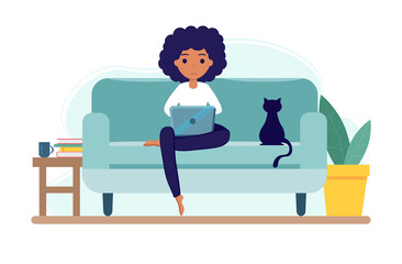 Home office during coronavirus outbreak concept, woman works from home with laptop. Vector illustration in flat style. Stay at home. Self-isolation