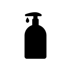 Icon of bottle or container with dispenser of liquid. May represengt sanitizer, disinfectant, antiseptic, soap or cosmetic liquid, cream or lotion. Vector Illustration