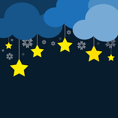 Christmas night sky and stars with snowflakes blue background. 
