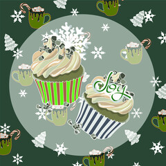 Olive Christmas pattern card with muffins and inscription