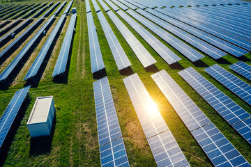 Aerial view over Solar cells energy farm in countryside landscape