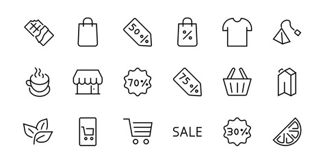 Fototapeta premium Cyber Monday Icon Set contains discount packages, promotions, shopping cart, big discounts, shopping cart and more. Editable stroke, vector icons