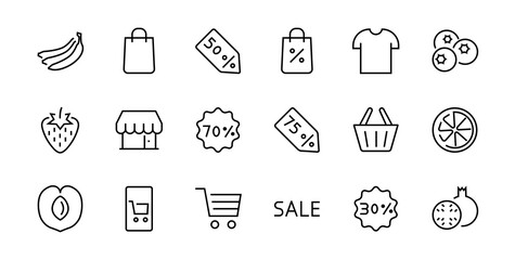 Cyber Monday Icon Set contains discount packages, promotions, shopping cart, big discounts, shopping cart and more. Editable stroke, vector icons