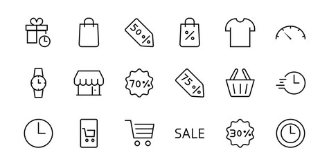 Cyber Monday Icon Set contains discount packages, promotions, shopping cart, big discounts, shopping cart and more. Editable stroke, vector icons