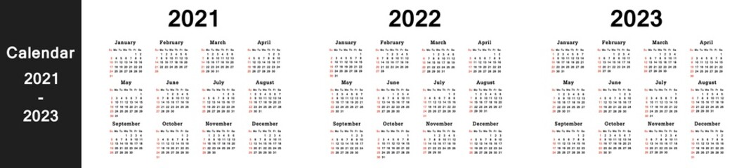 Calendars for year 2021 2022 2023, week starts from Sunday, isolated vector illustration on white background.