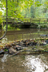 Little dam infront of an old bridge over a little creek or forest brook with a big branch in the water and rocks with autumn foliage as idyllic scenery on a hiking tour in the wilderness in clean air